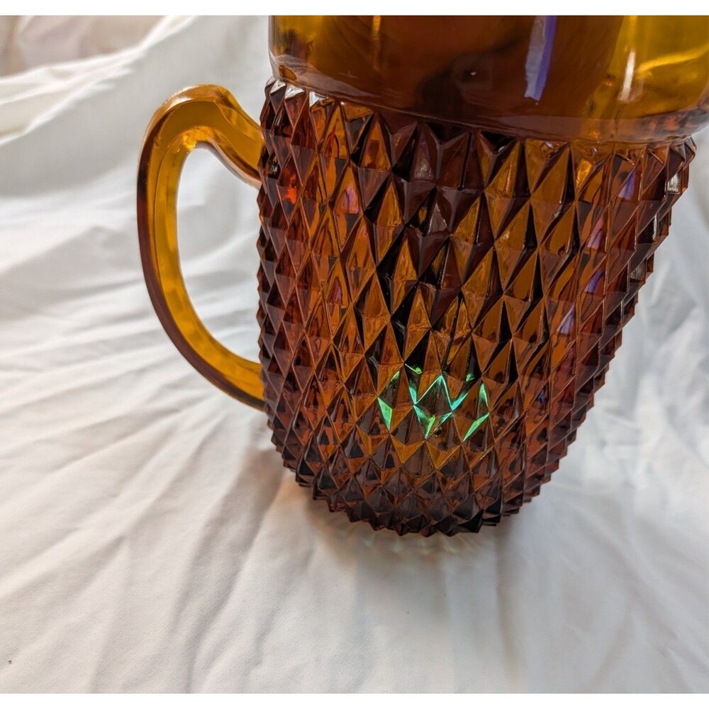 Vintage Amber Diamond Point Glass Pitcher Heavy Textured Retro MCM Style - Picture 4 of 5